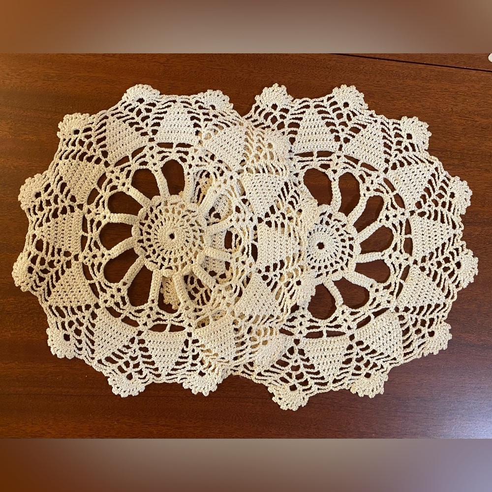 2 Matching Hand Crocheted Doilies, 11”